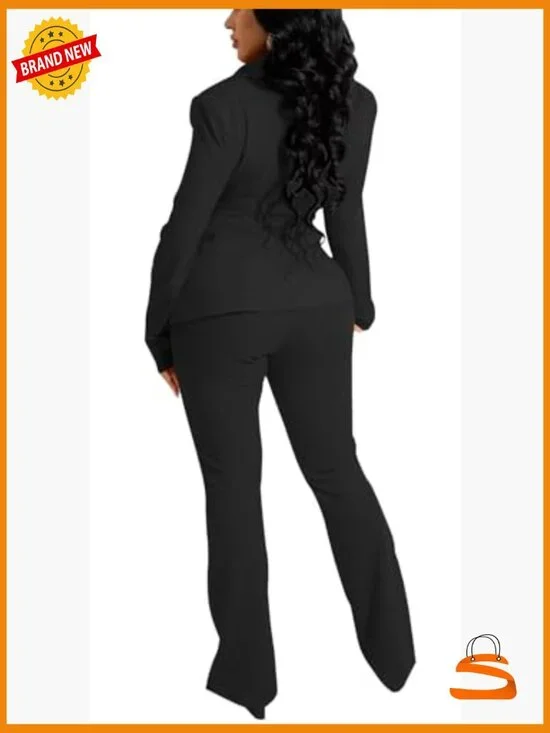 Professional Two-Piece Pantsuit Set with Belt, Polyester Spandex, S-2XL - Picture 2 of 7